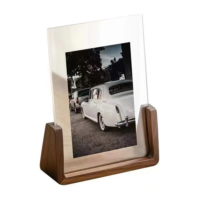 Walnut/Beech Creative Photo Frame Acrylic U Shape Transparent Frame Desktop Wood Wedding Pictures Frame Office Decor