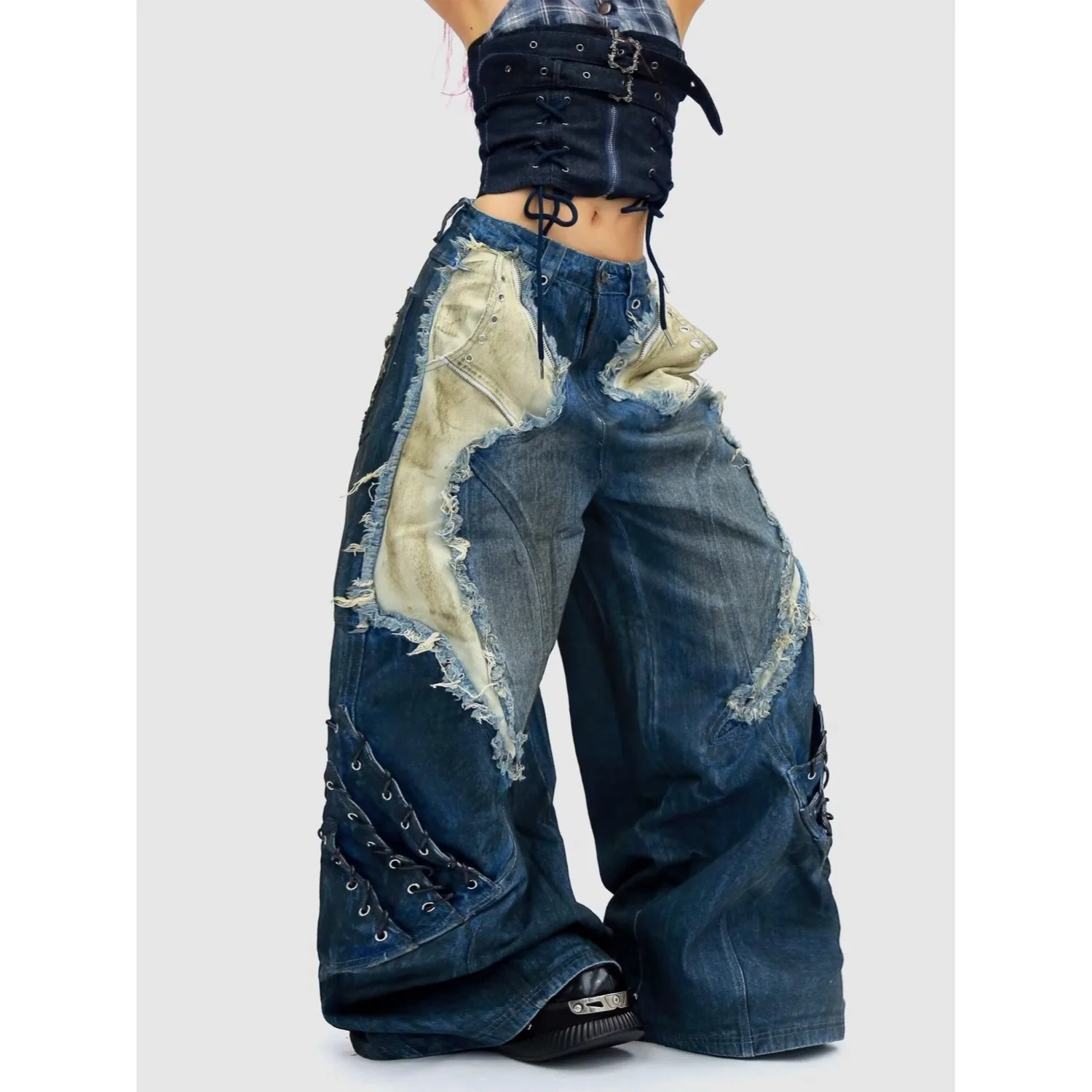 Abandoned Soil Style vintage Ripped Jeans for Women Autumn American Design, Loose and Hanging Straight Leg Wide Leg Pants