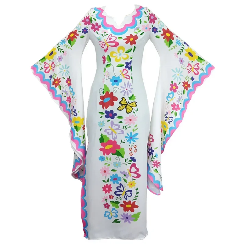 Medieval Cosplay Costume Vintage Women Floral Print Flared Sleeve Beach Bohemian Maxi Dress Ladies V-neck Vampire Dress Vestidos