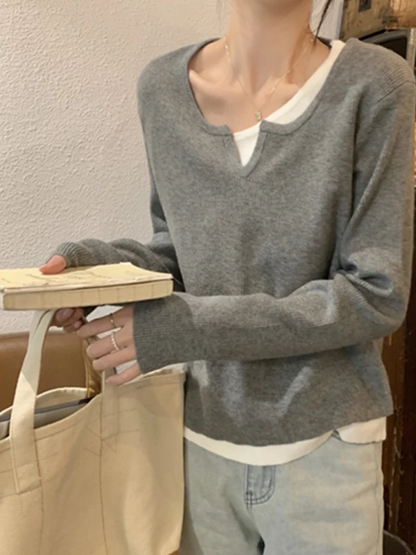 

Вязаный базовый топ для женщин на раннюю осень, высококачественный, с вырезом под ключицу, корейский стиль, свободный крой, длинный рукав