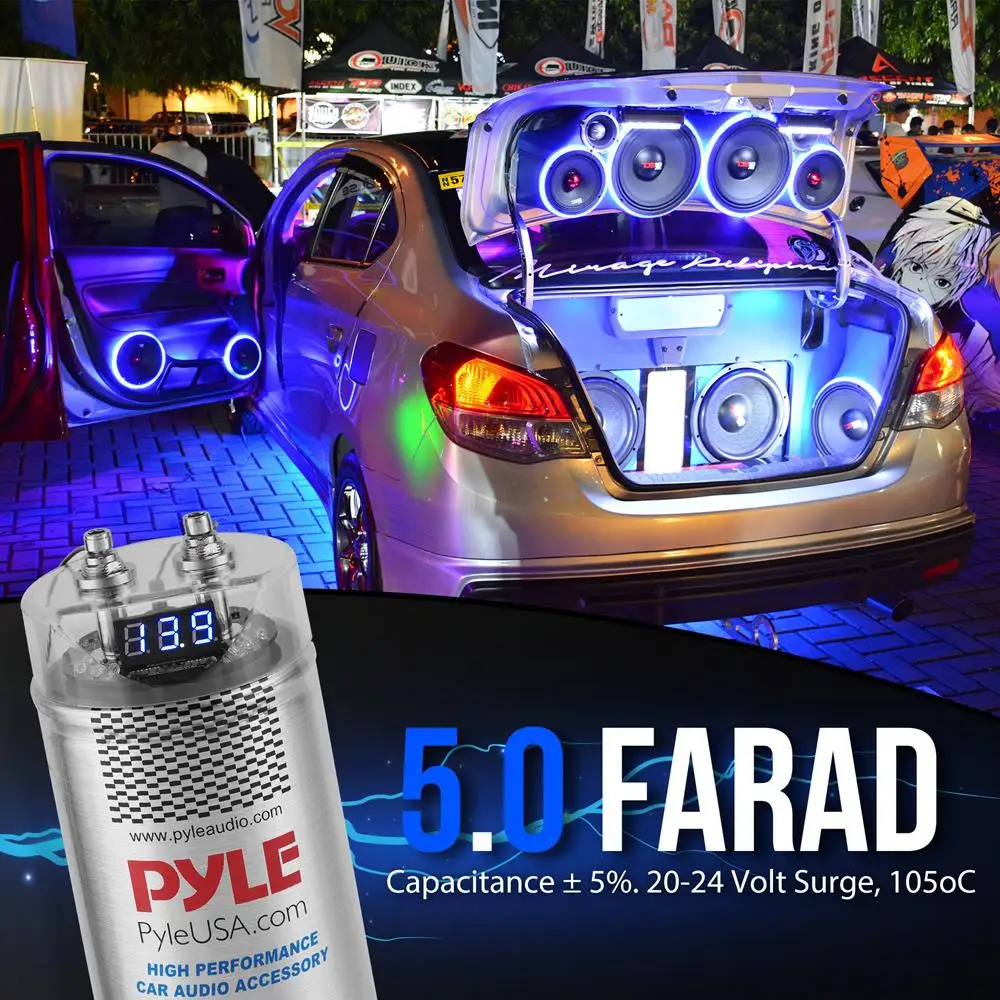 Pyle 5.0 Farad Digital Power Capacitor - High-Performance Car Audio Accessory with Blue Digital Display, Voltage Readout