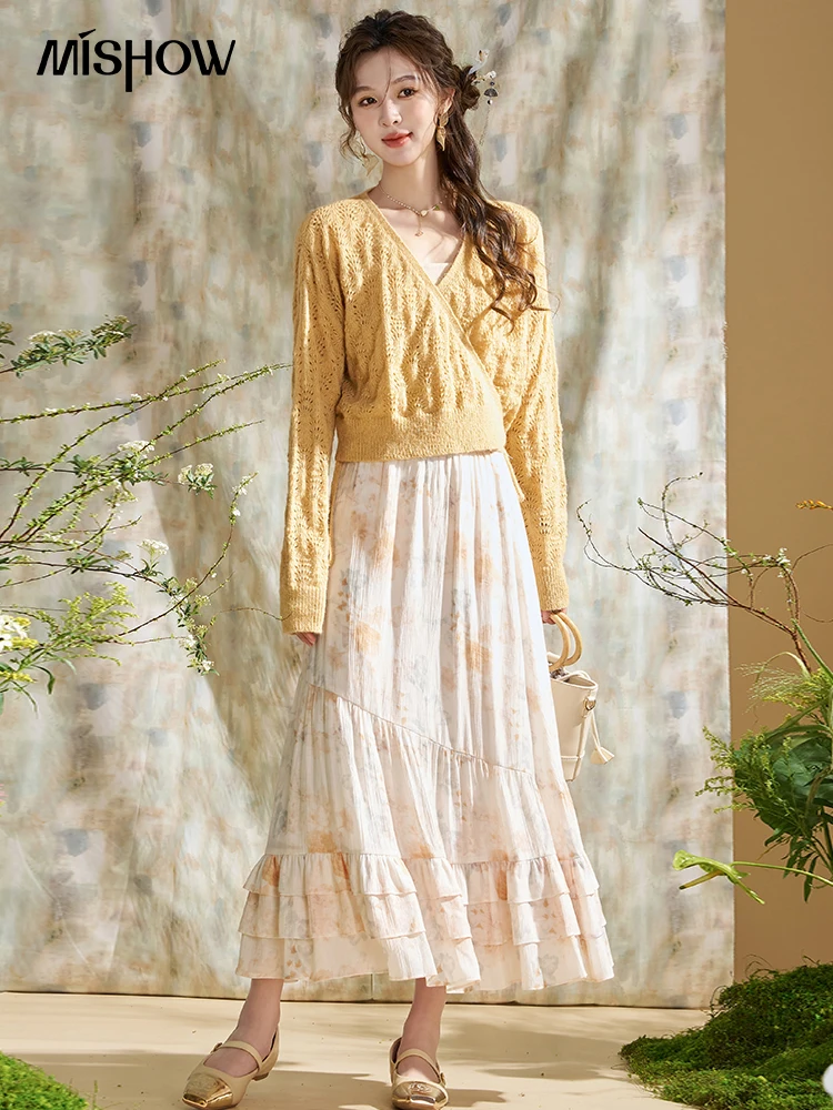 MISHOW falda Floral con pintura de lavado de tinta para mujer Primavera Verano 2024 faldas elegantes de cintura elástica con dobladillo con volantes