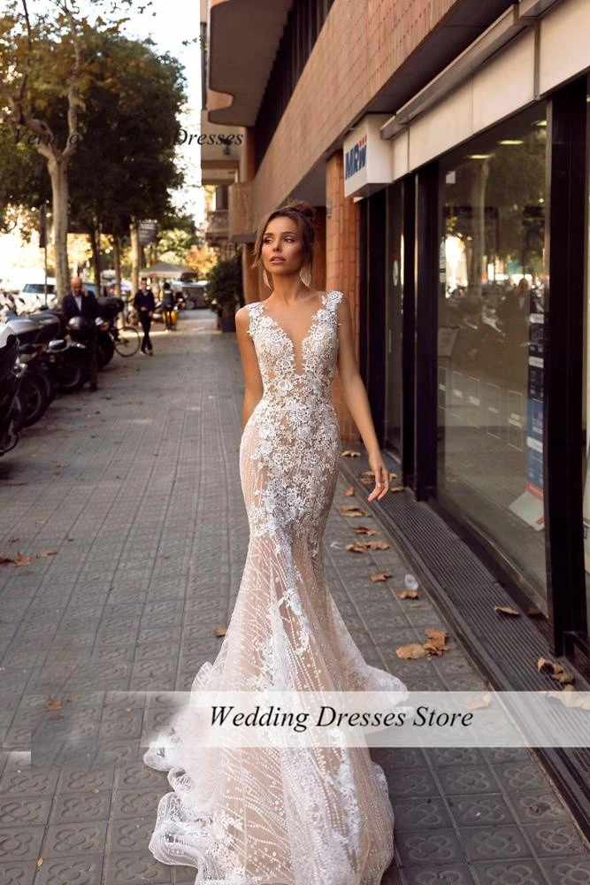 OLOEY Elegant Champagne Lace Mermaid Wedding Dresses Floral Backless Shiny Bride Dress Sweep Train Vestido de noiva 2023