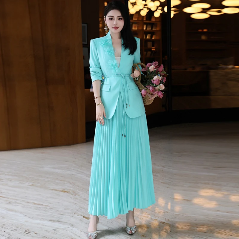

ZJYT Elegant Floral Blazer and Long Pleated Skirt Set Two Pieces Womens Outfit Spring Fashion 2025 Office Lady Party Suits