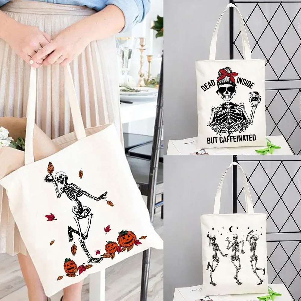 Halloween tanzen Skelett Leinwand Einkaufstasche große Kapazität faltbare Mittagessen Handtasche Frauen Geschenke Shopper Shopping Umhängetasche