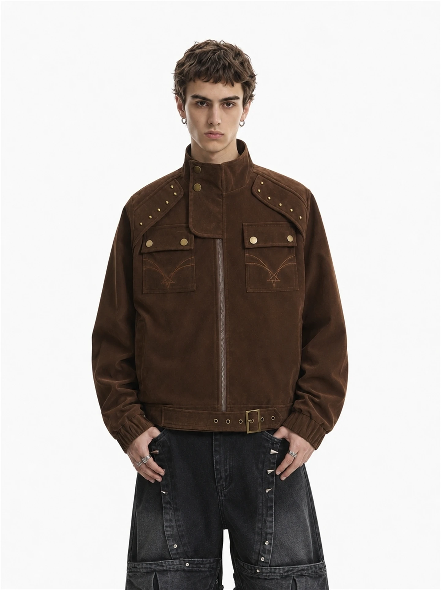 Retro American Style Men's Jacket with Rivet Decoration Loose Cool Autumn New Arrival Fashion Outerwear for Youth