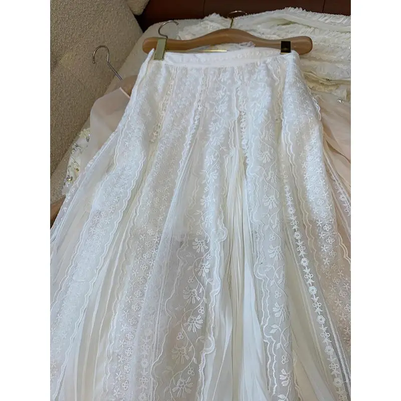 Elegant A-Line  Skirt with Heavy Lace Trim And Tulle Design for Women Spring Summer New Arrival Fairy Style White Lace Skirt