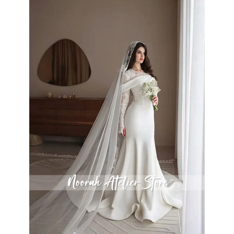 Fashion Mermaid Wedding Dresses O Neck Long Sleeve Satin Bride Dress for Women Vestido De Novia Garden Bridal Gown Customized
