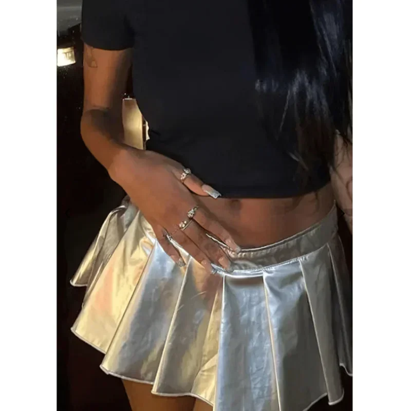 Silver Ruffles Mini Skirts Y2k Women Night Clubwear Sexy Metallic Leather Low Waist A-line Super Short Pleated Skirts Casual