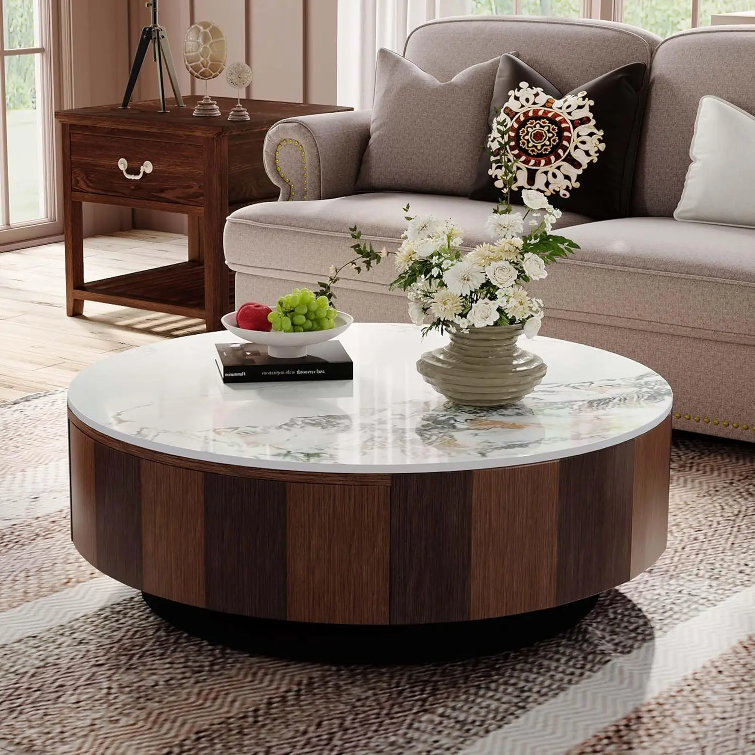 Round Storage Coffee Table 35.4" Mid Century Marble Top Wood Base Living Room No Assembly, Customized