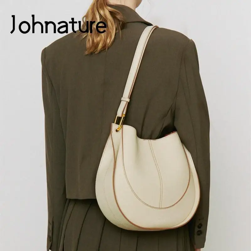 Johnature 2024 New Fashion Women Bag Genuine Leather Versatile Shoulder Bags Solid Color Casual Cowhide Crossbody Bags