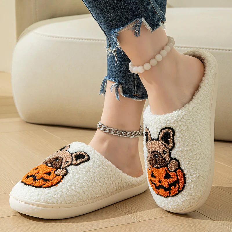 Halloween Dog Embroidery Cotton Home Slippers Women 2024 Winter Fluffy Furry House Slippers Woman Comfort Flat Heels Floor Shoes