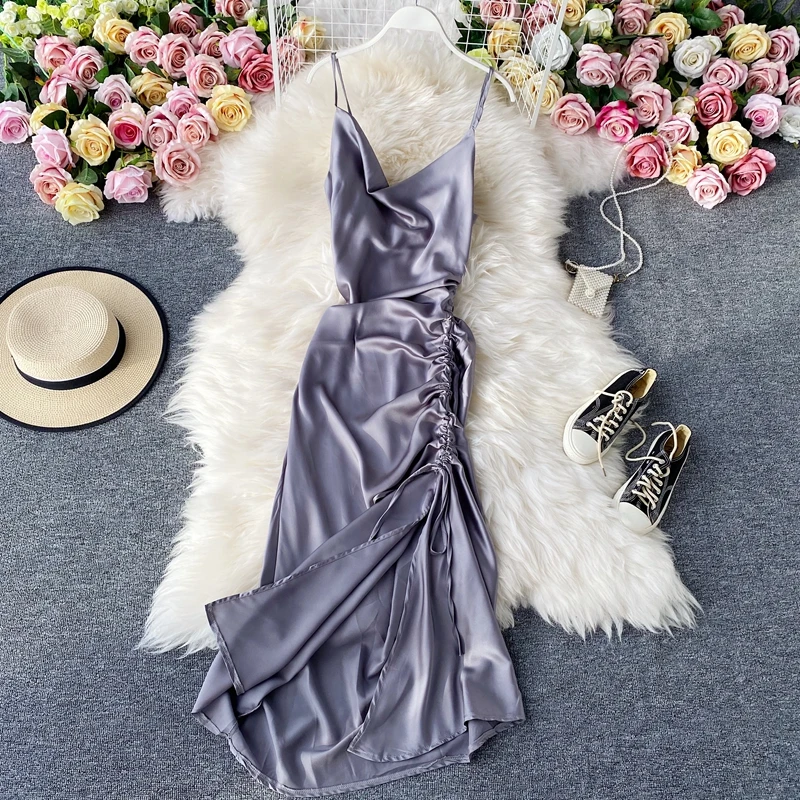 فستان طويل أنيق بفتحة جانبية ورباط خصر ورباط خلفي ورقبة على شكل حرف V من الساتان المطوي فستان صيفي للتخسيس #2