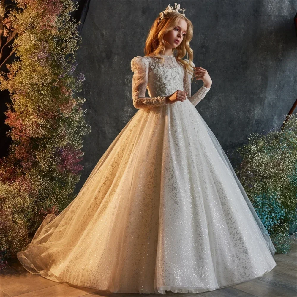 Luxury White Sequins Printing Flower Girls Dress For Wedding Party Butterfly Baptism Gowns Tulle High Neck Kids Birthday Dresses