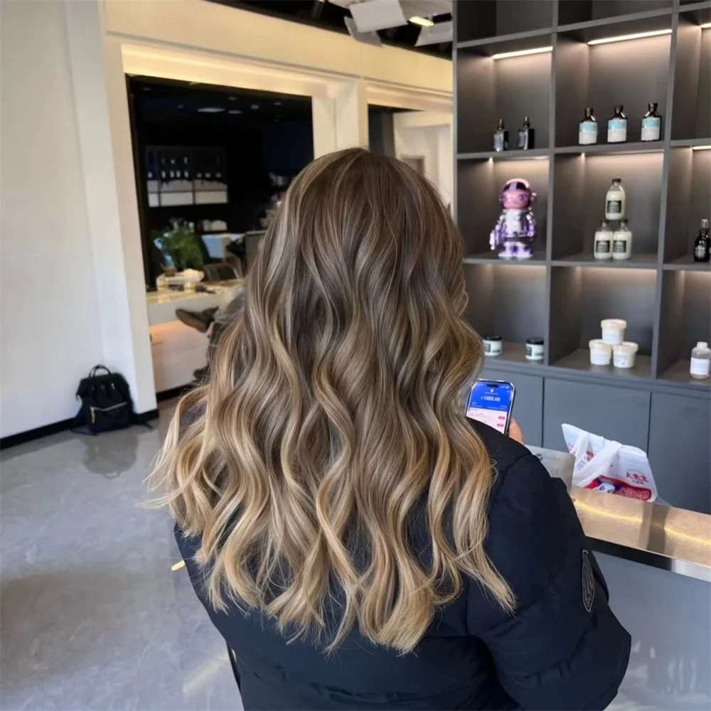 Brown Mixed Blonde Wig Highlights Long Wavy Brunette Lace Front Wig Free Part Synthetic Heat Resistant Wig for Daily Party Use
