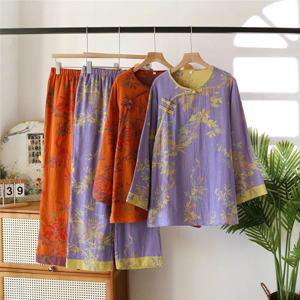 Summer Cotton Trousers Pajamas Set for Women's Nightwear Ancient Style Printed Long Sleeve Round Neck Home Clothing Set