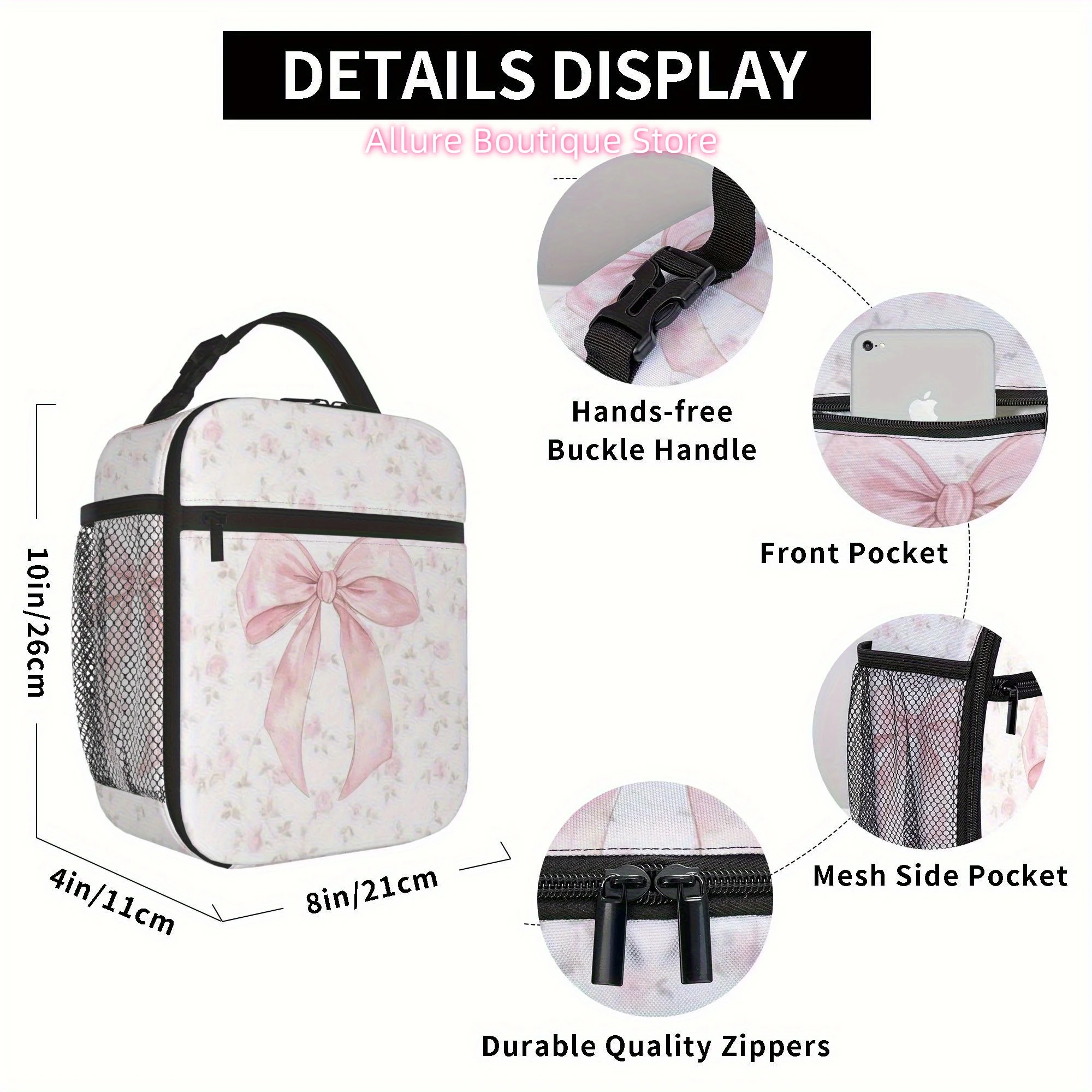 1pc Pink Bow Floral Print Insulated Thermal Bag - Reusable, Portable, No Food Contact, Ideal for Home, Office, Restaurant Use, U