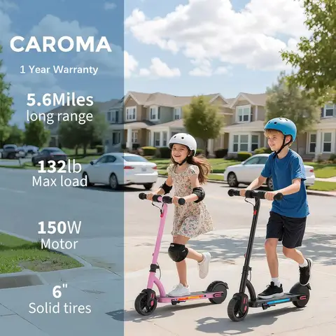 CAROMA Electric Scooter for Kids Ages 6-12,150W Motor,Colorful Light,LED Display,Foldable scooter for Kid UL2272 1 Year Warranty