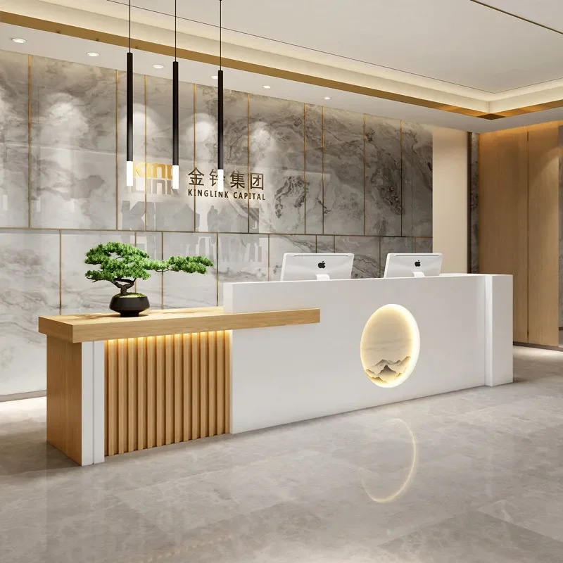 for Company Front Desk Reception Desk New Chinese Style Checkout Counter Foot Bath Beauty Salon Baking Paint Retro Log Color
