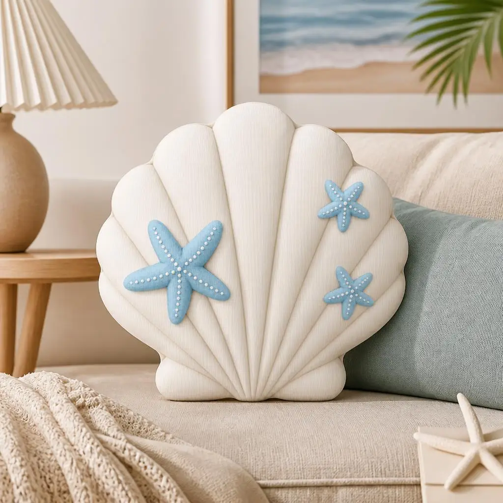Ocean Seashell Shaped Throw Pillow Blue Starfish Cushion Plush Stuffed Decorative Cushion for Coastal Beach Home Decor Sofa