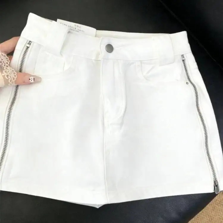 Fashionable Cool Sweet White Denim A-Line  Skirt Women's Double Zipper Design Short Pants High Waist Cotton H-Shape Skirt