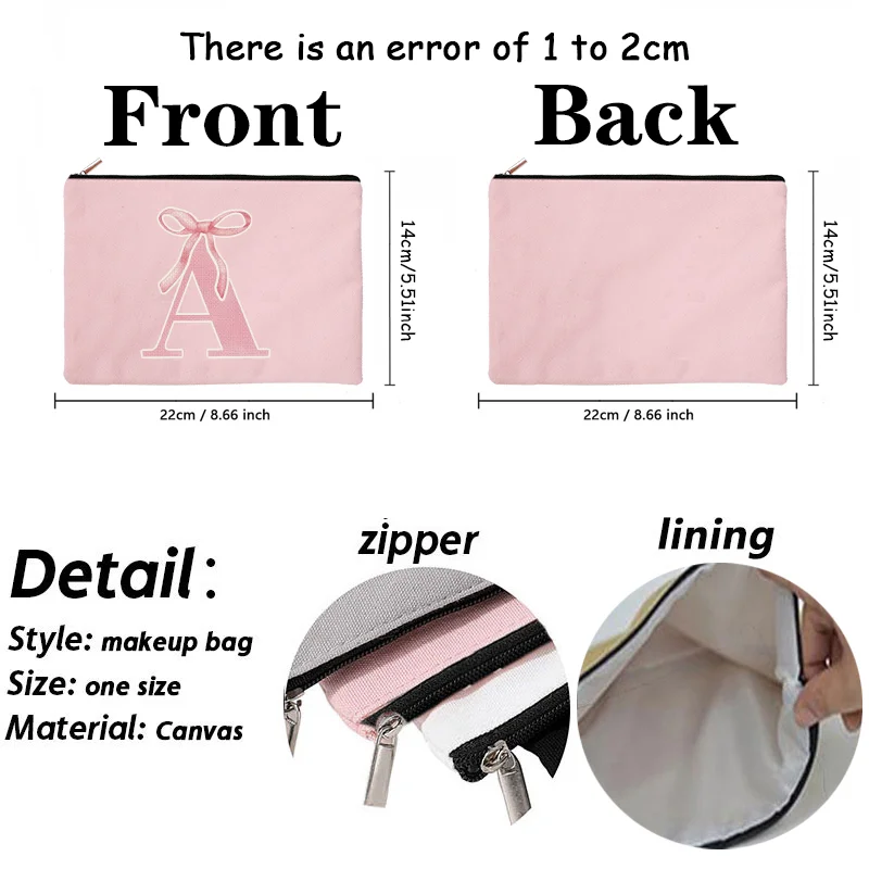 Pink Makeup Bags Initial Letter Cosmetic Zipper Pouch for Sister Girls Beauty School Graduation Travel Organizer Toiletries Bag