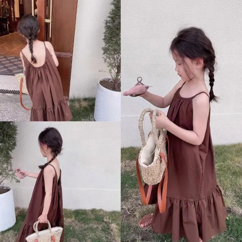 

2024 Girls' Camisole Dress For Summer New Bohemian Beach Children Holiday Style Dress Strap Sleeveless Solid Color Dress 3 5 7 Y