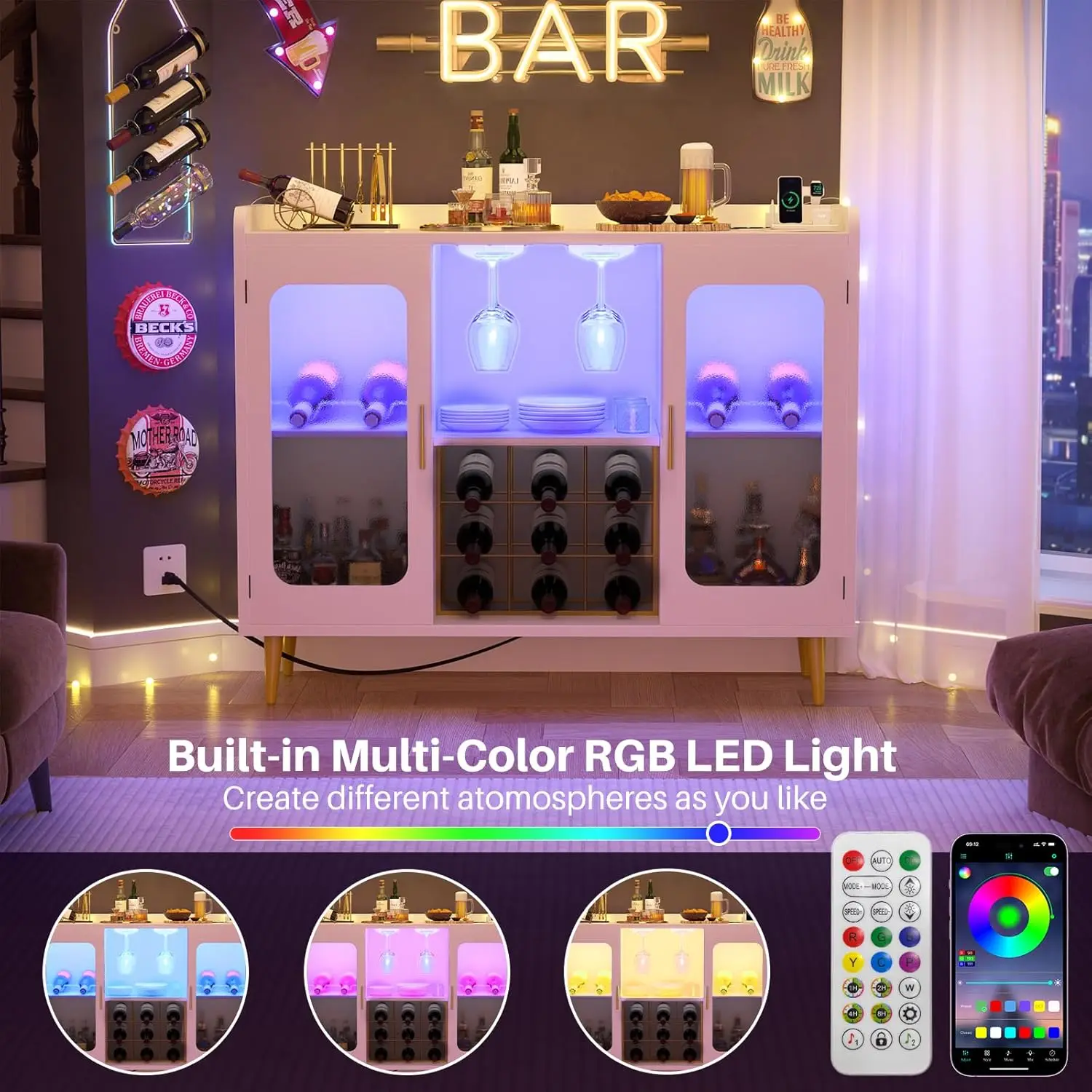 Mobile bar per vini con presa, luce LED e portabicchiere, credenza buffet da cucina bianca