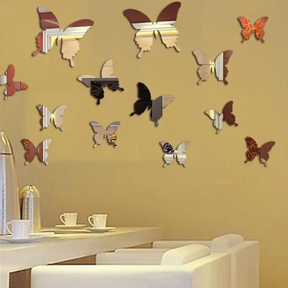 12Pcs 3D Butterfly Mirror Wall Stickers Butterflies Wall Decal Removable DIY Wall Art Party Wedding Decor for Home Decoration