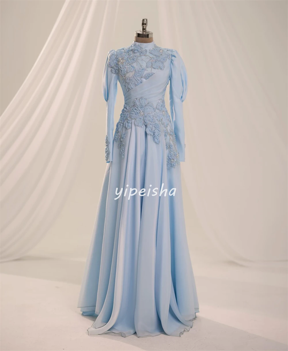 Customized Formal Women Jersey Handmade Flower Rhinestone A-Line Evening Dresses Elegant High Collar Long Sleeves Prom Dresses image 4