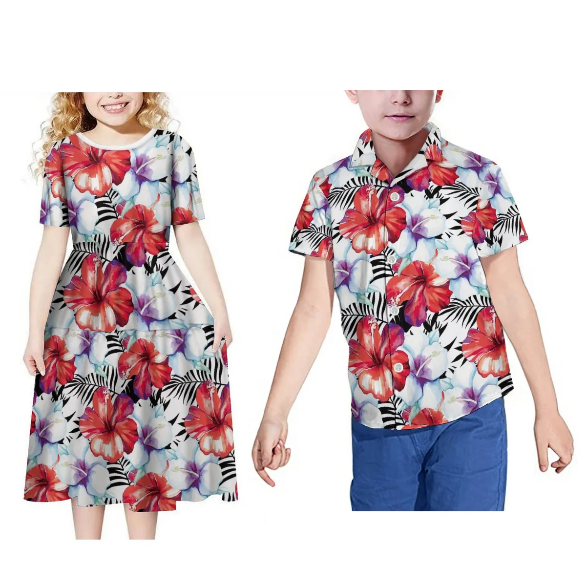 

Polynesian Girls Summer Short Sleeve Dress Hawaiian Boys Tops Printed Shirt Tribal Kids Shirt And Dress Set Matching