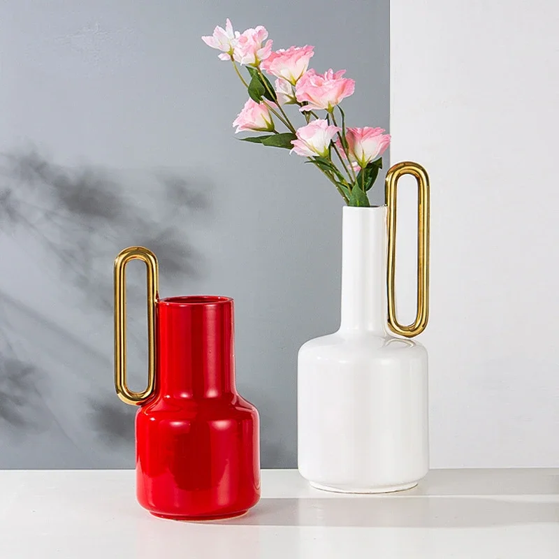 Ceramic Vase Gold Oval Handle Abstract Geometry Kettle Shape Flower Vase Hydroponic Accessories Home Decoration Accessories