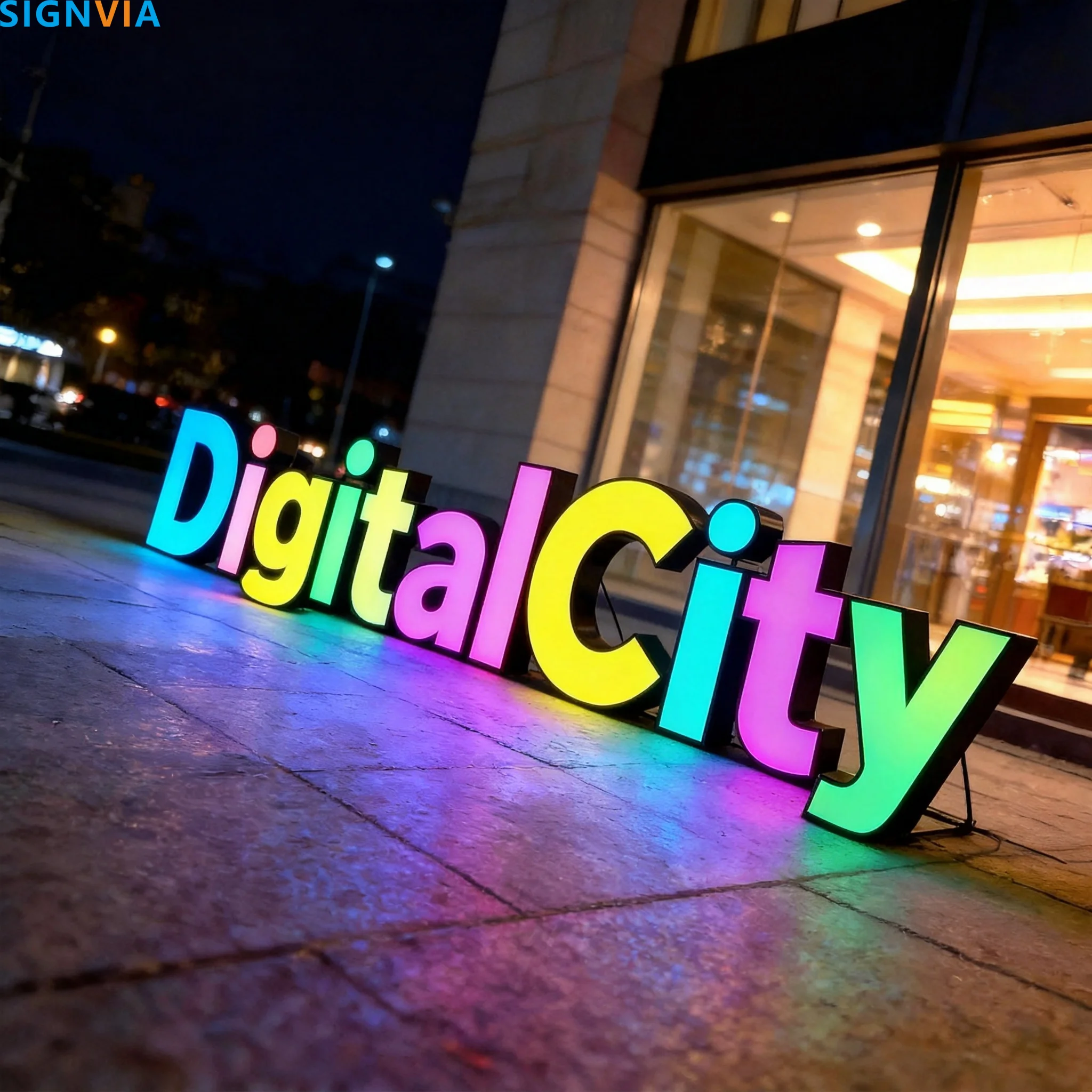 Custom RGB LED Channel Letters Sign DigitalCity, Illuminated Business Logo Front Lit Waterproof Outdoor Business Store Signage