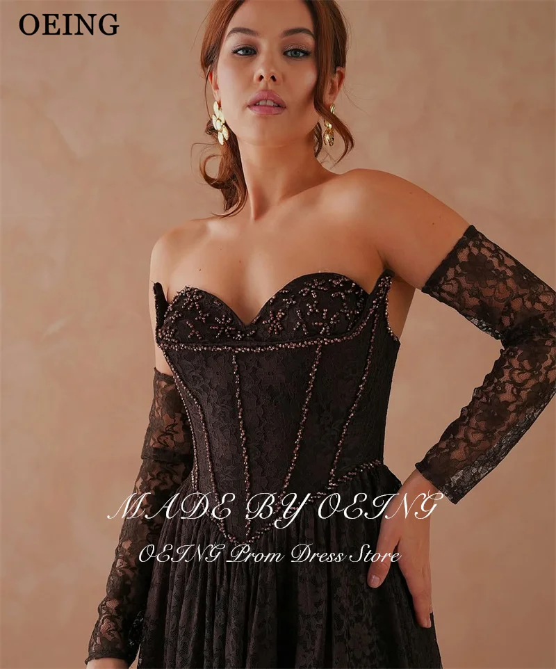 OEING Elegant A-Line Black Prom Dresses Sweetheart Beading Lace Maxi Party Dresses Gala Women robes de soirée Customized