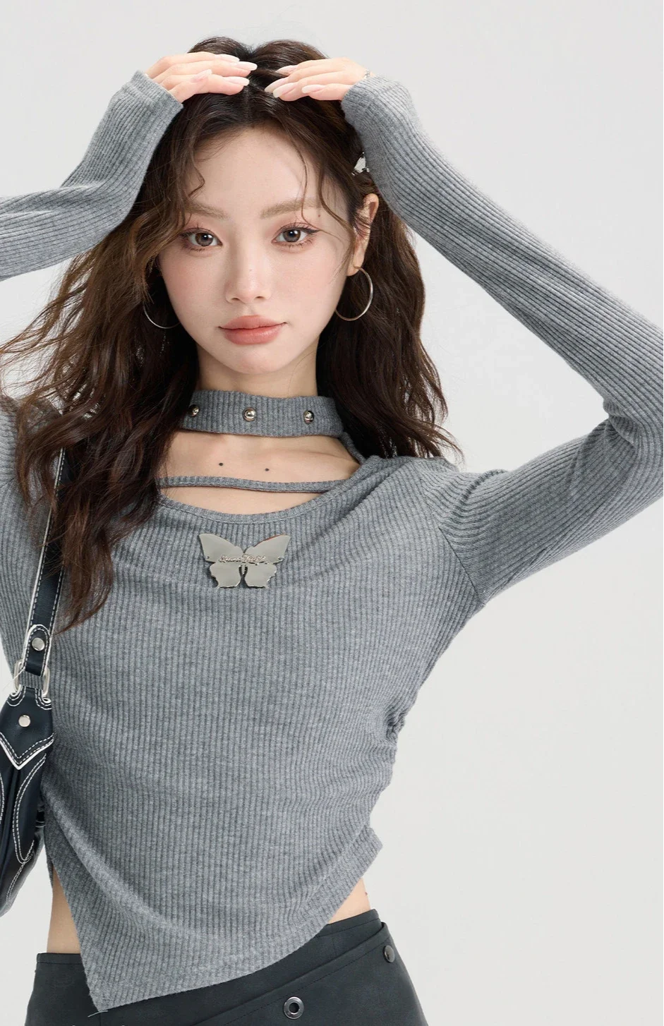 American Style Spicy Girl Hollow Neck Hanging Long Sleeved T-shirt Women's Irregular Knitted Sweater Slim Fit Short Top