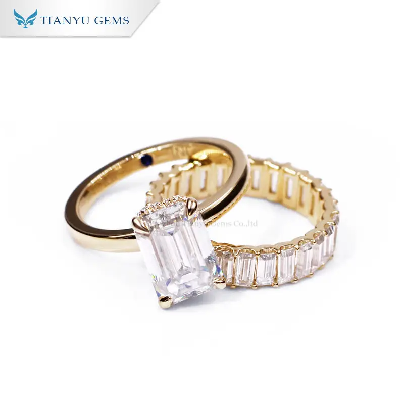 

Tianyu Gems 7x10.5mm Emerald Cut Moissanite Engagement Ring Bridal Set DEF Diamonds 18k 14K 10K Women Wedding Yellow Gold Rings