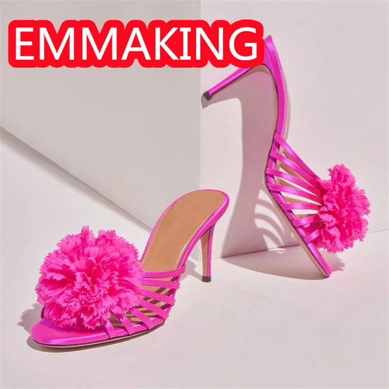 Carnation الأزهار عالية الكعب الصيف النساء الصنادل 2024 ارتفع الأحمر العصابات الضيقة جولة تو المصارع موضة المدرج أحذية السيدات 44