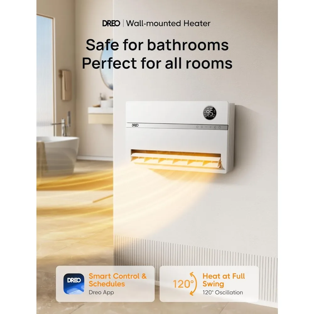 Wall Heater for Bathroom, Smart Space Heaters with ALCI Plug, 1500W, 120° Vertical Oscillation, Adjustable Thermostat,