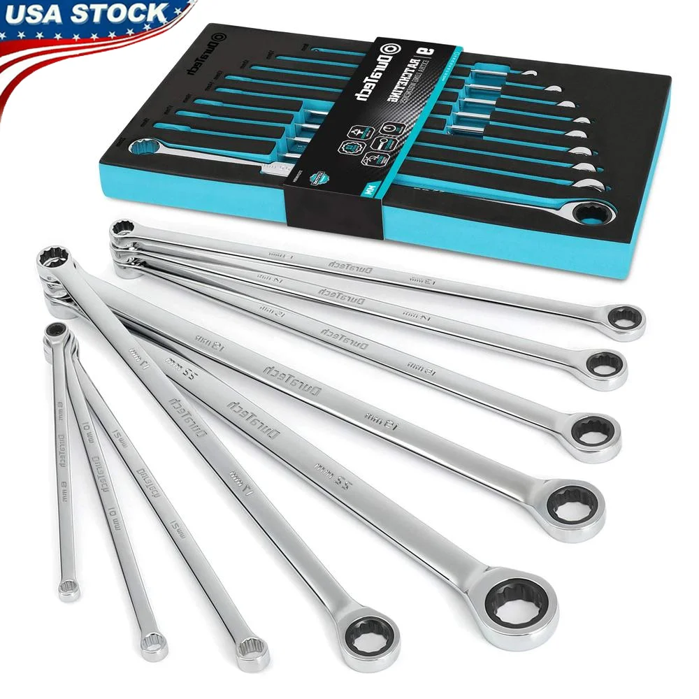 9-Piece Metric Ratcheting Wrench Set CR-V Steel Double Box End 8 10 12 13 14 16 17 19 22 mm EVA Foam Storage Ultra-Long Design