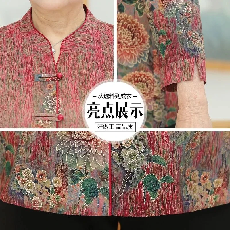 6XL Middle Age Women Blouses Spring Summer 3/4 Sleeve Casual Shirt Mother Tops Floral Print Grandma Blusas Cardigan Coat Femme