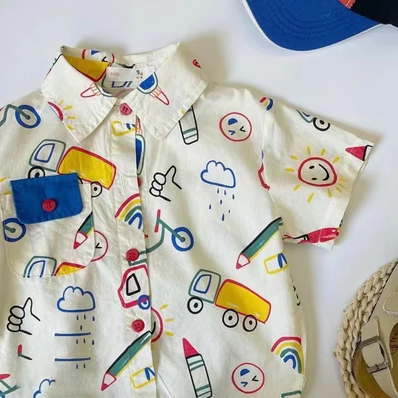 Boys' Summer Shirt Korean Edition Fashion Design Sense Cartoon Short sleeved Shirt Baby Fashionable Trend