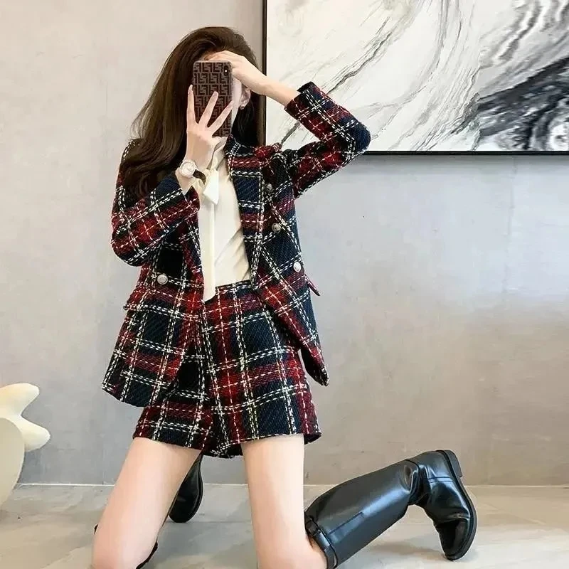 Skirt Sets Casual Suit Female 2025 Autumn Winter New Net Red Popular Plaid Small Suit Shorts Two-Piece Female Button Commute