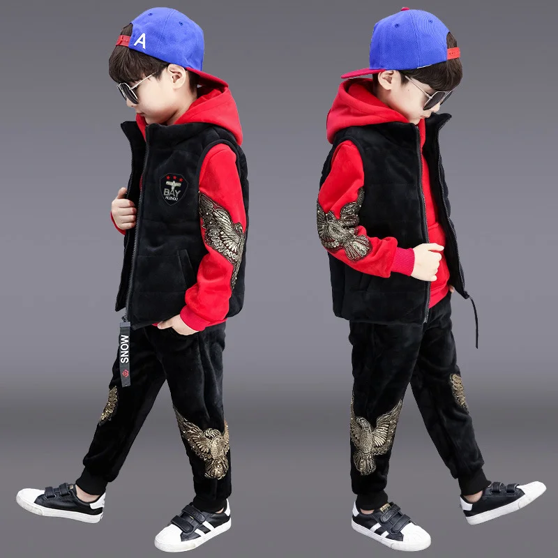 Boys Suits Vest+Sweatshirts +Pants 3PCS/Sets 2023 Cartoon Warm Thicken Winter Autumn Plus Size Children Clothing