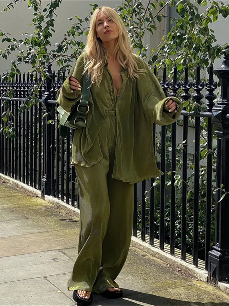 Two Piece Pant Set Elegant Green Pants Set Women Autumn Long Sleeve Blouses Matching Wide Trousers Suit Loose Shirts