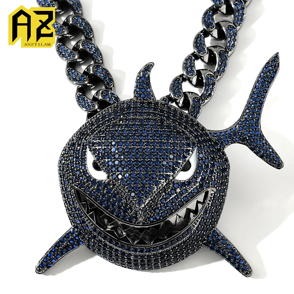 Deep Blue Color Shark Iced Out Pendants Necklace Bling Zirconia With Cuban Miami Chain Choker for Men Women Hip Hop Jewelry