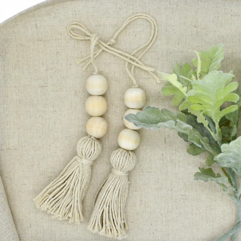 2pcs/set Cotton Tassel Wood Beads Ornament Hanging Pendant Natural Wood Beads Garland Closet Door Handle Vase Decoration