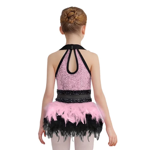 Imagen 2 del producto Vestido de baile latino de Jazz para gimnasia para niñas, traje de actuación de malla transparente con lentejuelas brillantes, tutú de Ballet, leotardo de plumas, Ropa de baile