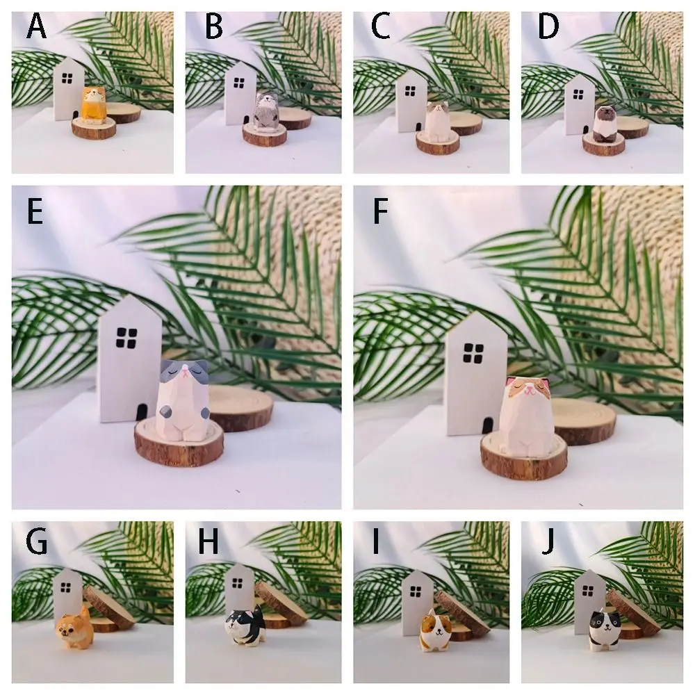 Desktop Accessories Mini Wooden Animal Figurine Painted Cute Kitten Sculpture Creative Cat Dog Statues Birthday Holiday
