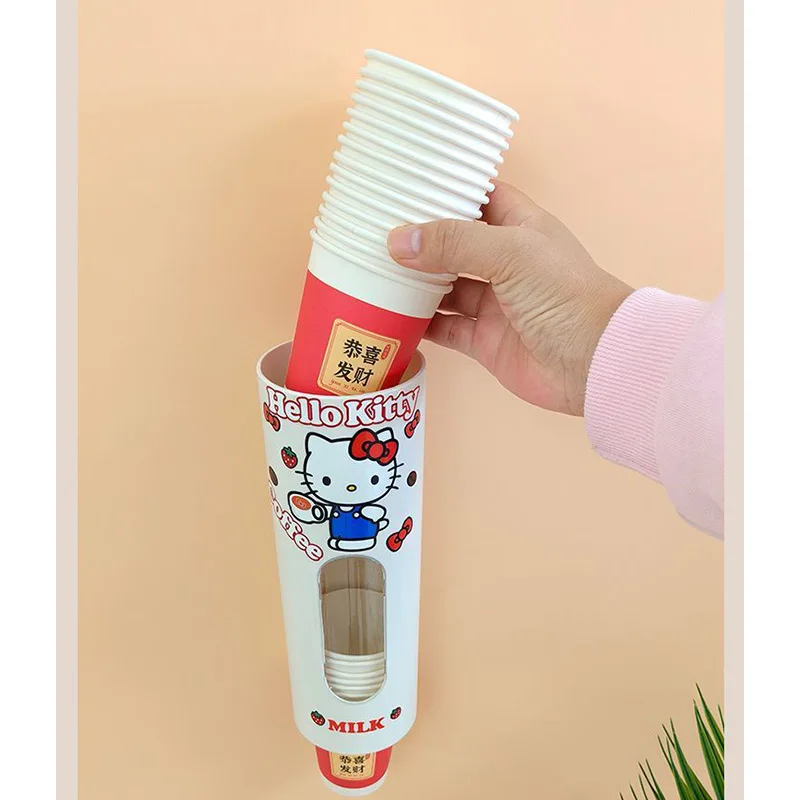 مرحبا كيتي لطيف حامل الكأس القابل للتصرف التلقائي كأس المنتقى الحائط تخزين الرف لا اللكم الغبار واقية ورقة كوب المنظم #3