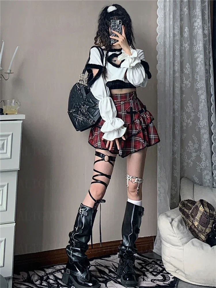 DemoRave Fashion Streetwear Gothic Y2k Red Plaid Skirt Women Harajuku Emo E-girl High Waist Cake Skirt Fairycore Grunge Clubwear